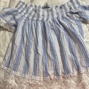 Off the shoulder white and blue stripe top